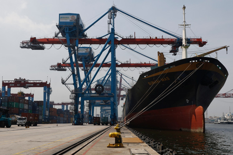 A ship is pictured at a container terminal of Tanjung Priok Port in Jakarta on Feb. 12.
